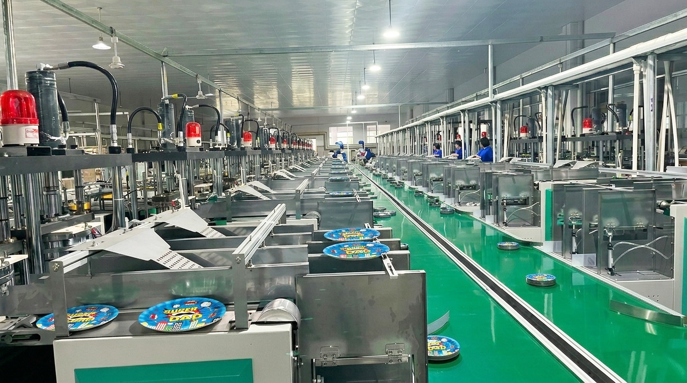 This is our hydraulic pressing and heat forming stage where technicians create reinforced raised rims on pre-cut paper plates, delivering structural precision, load-bearing strength, and consistent quality for dependable bulk supply.