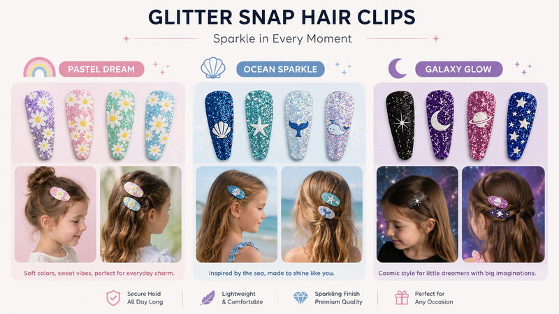 16:9 collection display of glitter snap hair clips featuring floral, ocean and galaxy themes with colorful sparkling finishes and themed design concepts