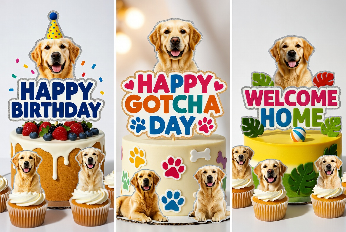 Golden Retriever dog cake toppers and cupcake toppers in three themes - Happy Birthday, Happy Gotcha Day, and Welcome Home - displayed on decorated cakes and cupcakes, customizable pet party decorations