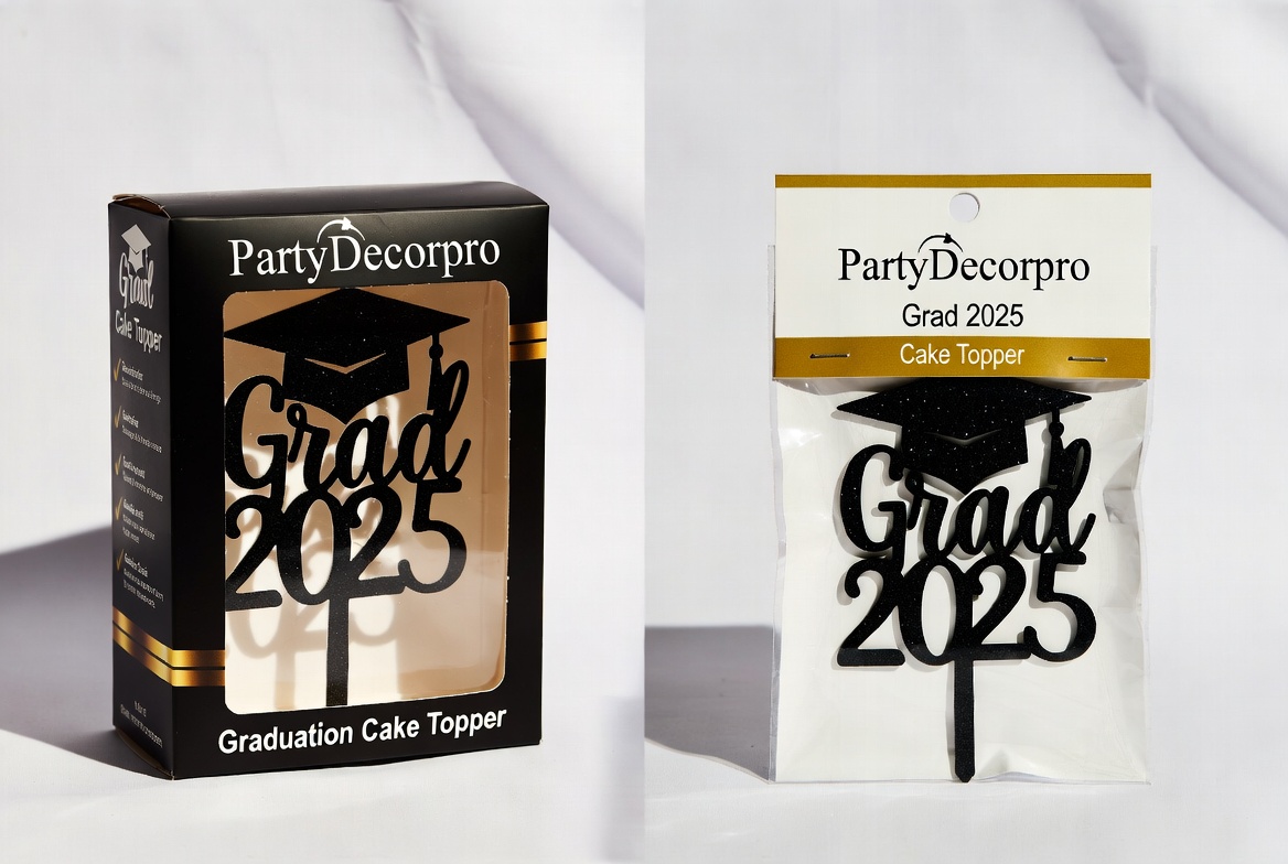 Graduation cake topper in two premium packaging options - black window box and clear display pouch