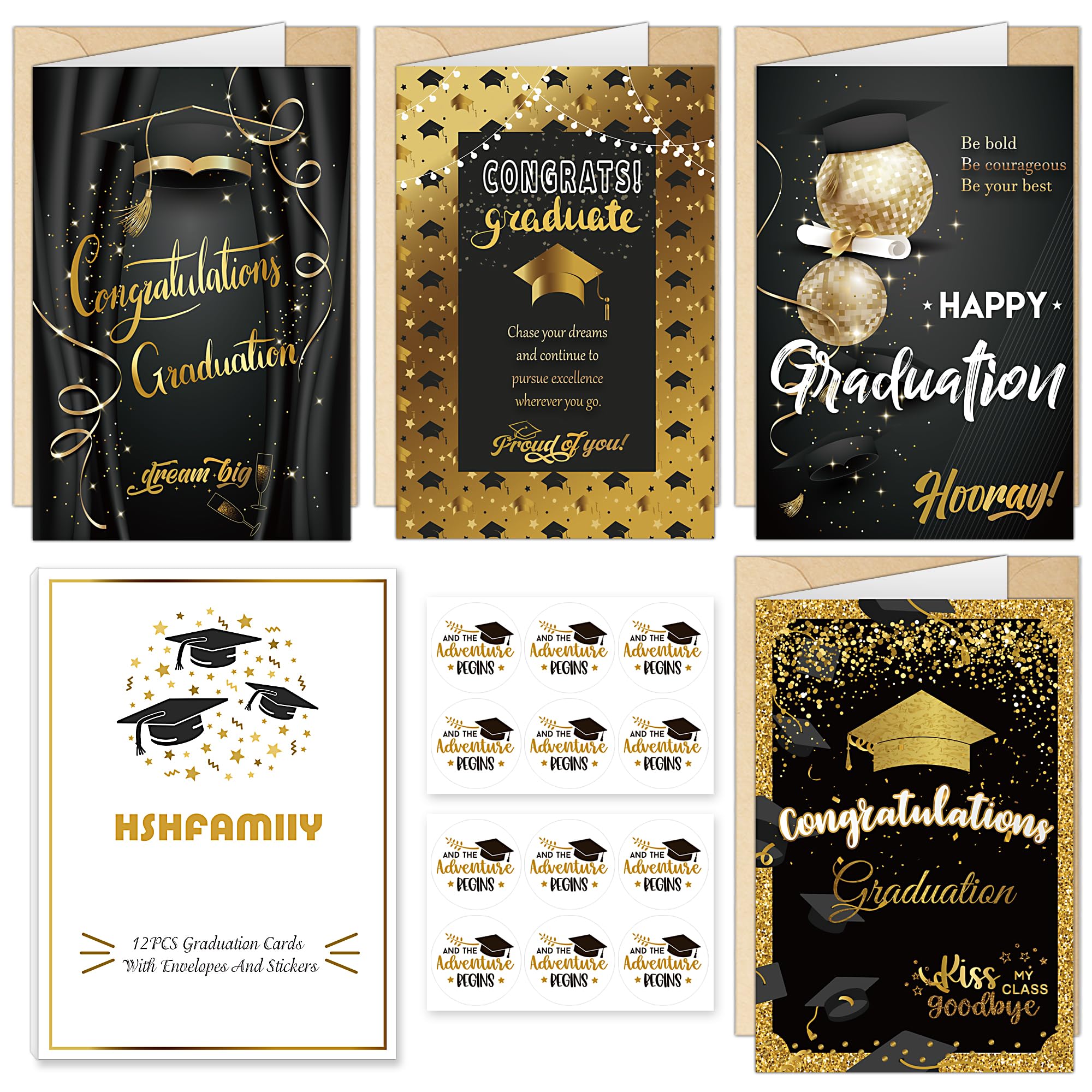 Wholesale Custom Graduation Cards - Black & Gold 12-Pack with Envelopes & Stickers