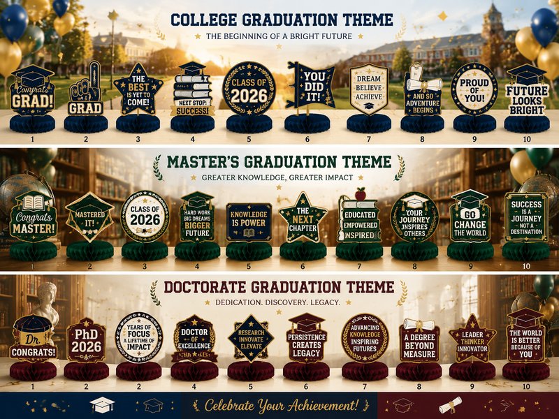 Graduation-themed decorative centerpieces with college, master's, and doctorate designs, featuring 10 unique paper props per theme.