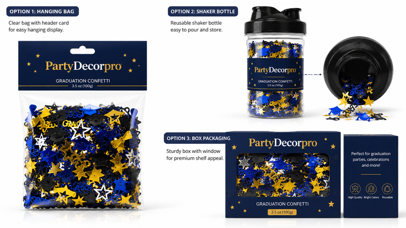 Graduation confetti packaging options in hanging bag, shaker bottle, and box, customizable for brand and celebration use