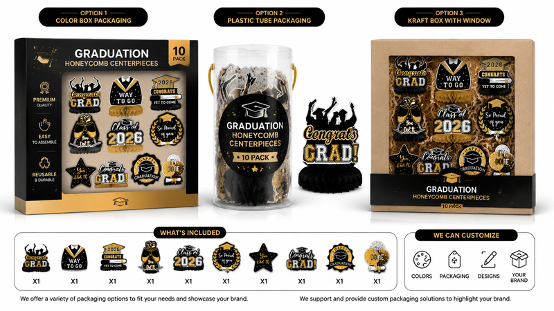 Graduation centerpiece packaging options: color box, plastic tube, and kraft box with window, showcasing 10-piece sets.