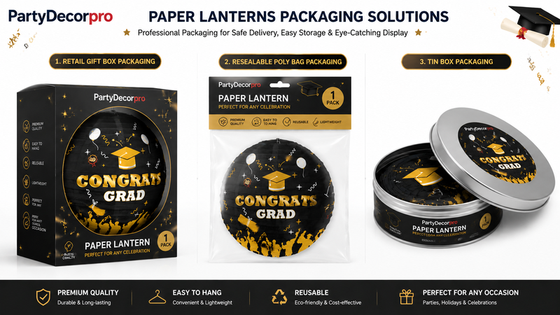 Graduation-themed black aluminum box packaging with gold and white designs, customizable for B2B wholesale.