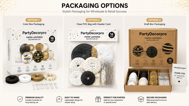 Graduation-themed paper lantern packaging options in various shapes and sizes, suitable for B2B wholesale customization.