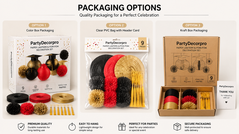 Graduation-themed paper lanterns and tissue pom-poms set for party decoration with customizable B2B options.