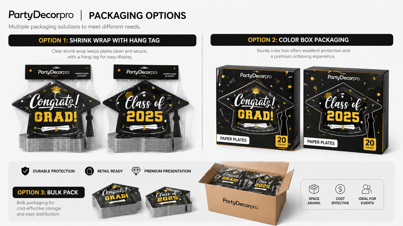 Graduation party paper plates packaging options including header bag retail pack color box packaging and bulk carton display solutions