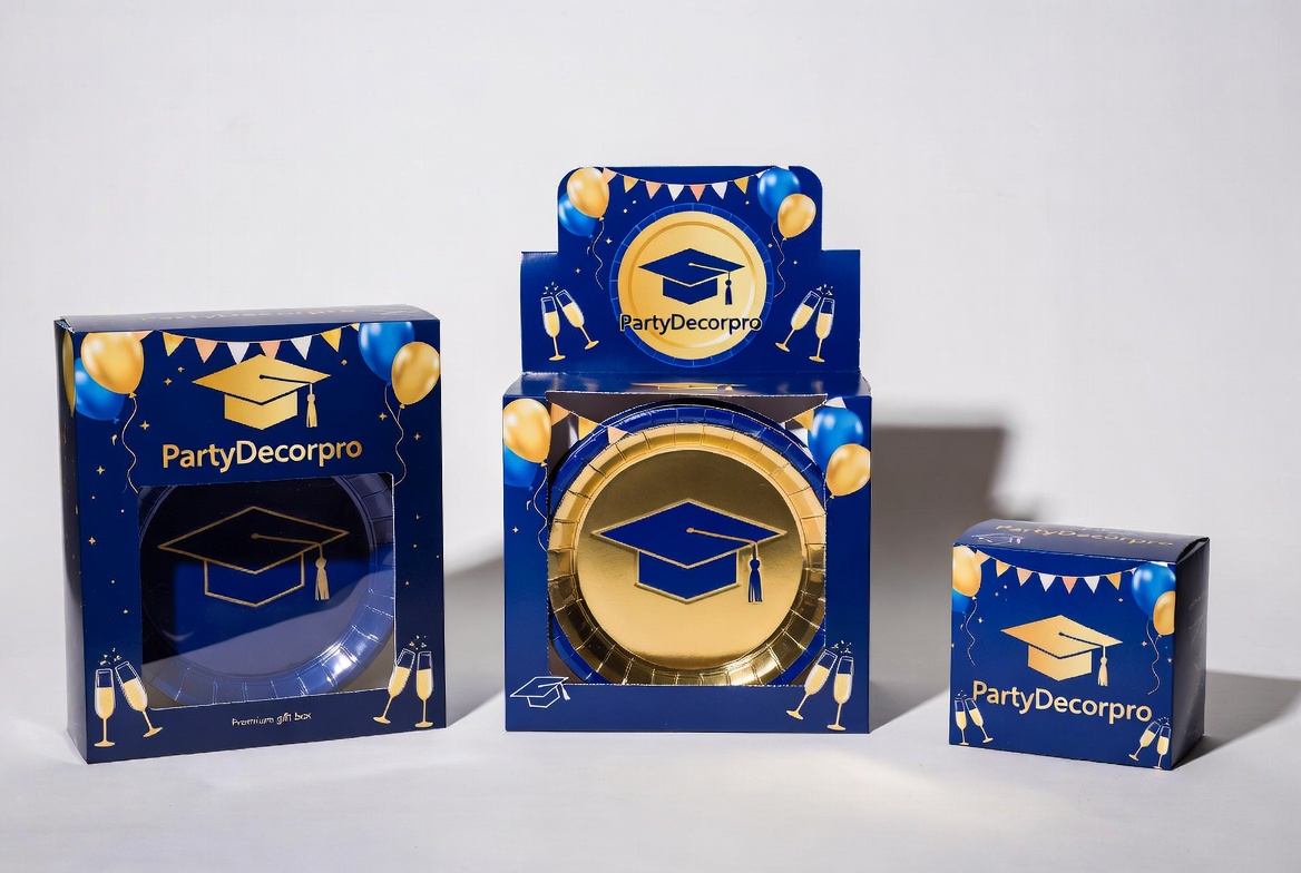 Elegant blue and gold graduation party tableware in custom premium gift box and retail display packaging options