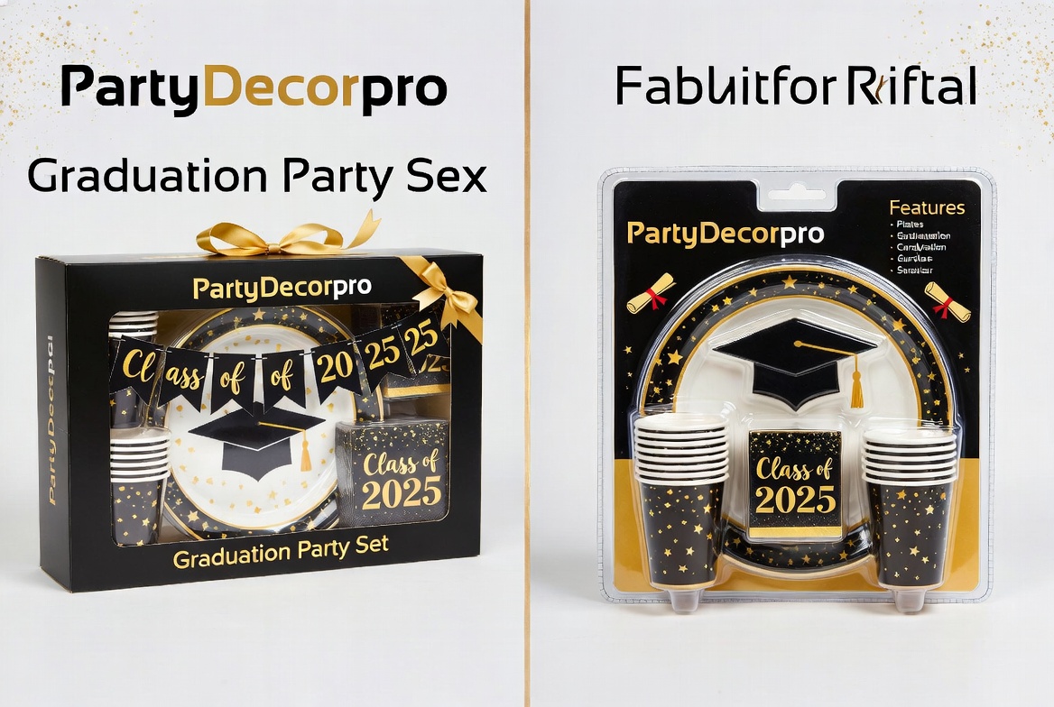 Two premium custom packaging options for graduation party tableware set - black gift box and retail blister pack