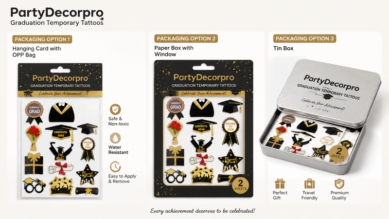 Graduation temporary tattoo packaging options with hanging card, paper box, and tin box, customizable designs, brand-focused.