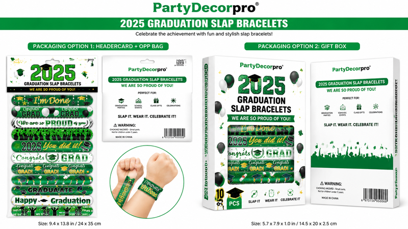 Graduation temporary tattoos with green theme, multiple designs, customizable packaging options.