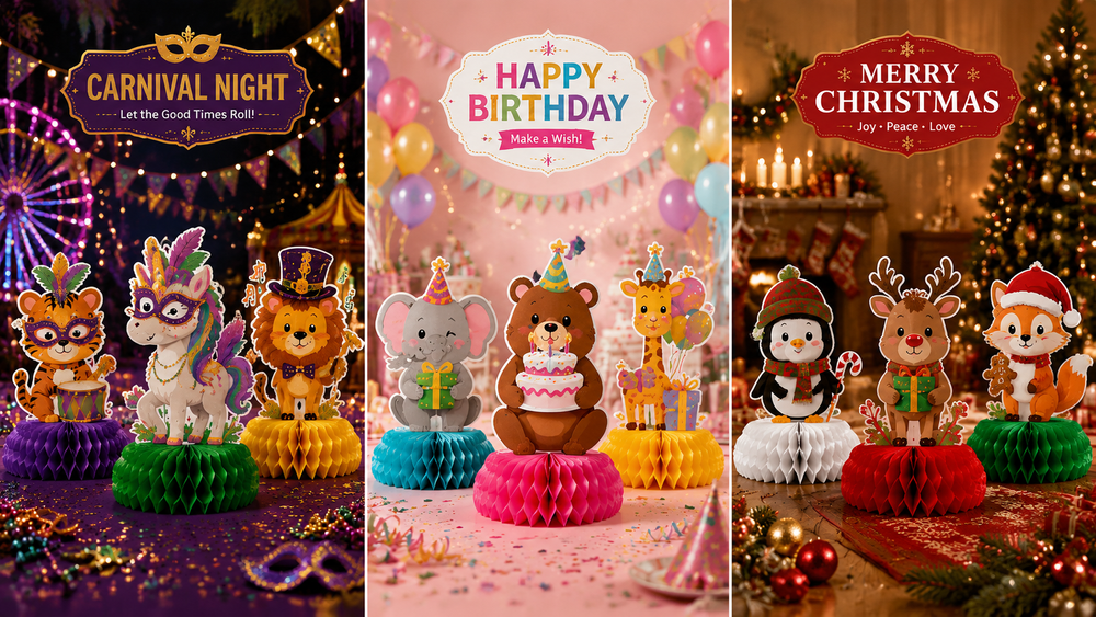Festive honeycomb animal centerpieces for Carnival, Birthday, and Christmas