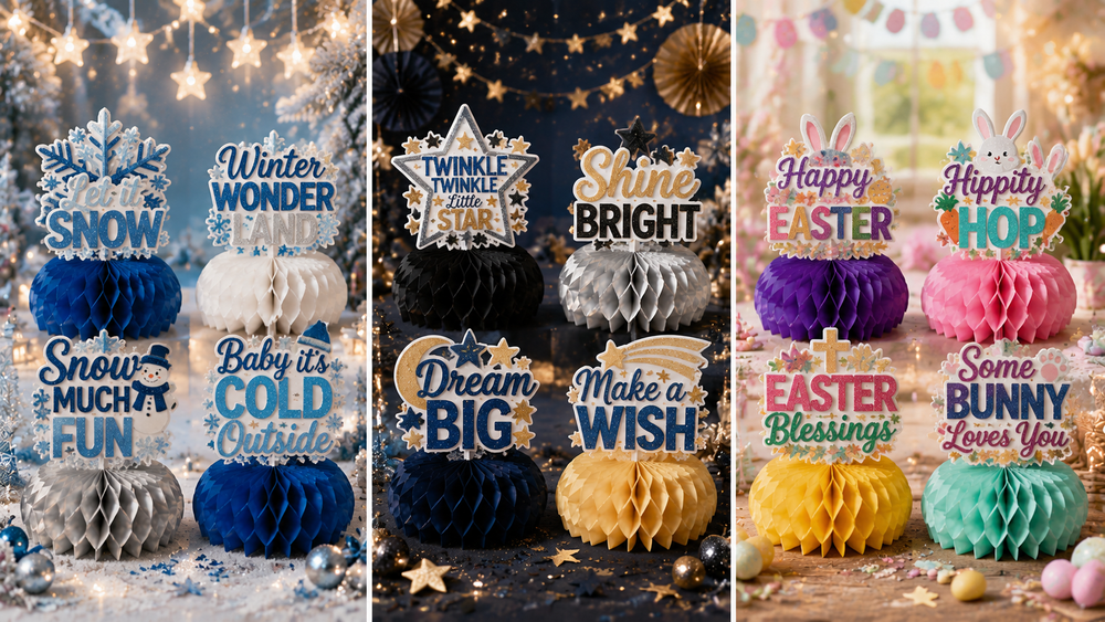 Festive honeycomb paper centerpieces in three holiday themes with colorful glittery toppers for wholesale and event use.