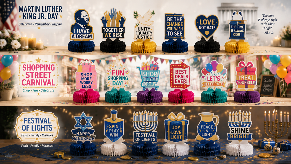 Festive honeycomb tabletop decorations for Father's Day, Shopping Street Carnival, and Festival of Lights with diverse bases.