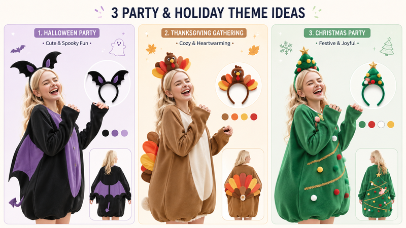 16:9 party costume concept board featuring Halloween bat, Thanksgiving turkey, and Christmas tree themed plush outfits with matching headbands and festive styling ideas