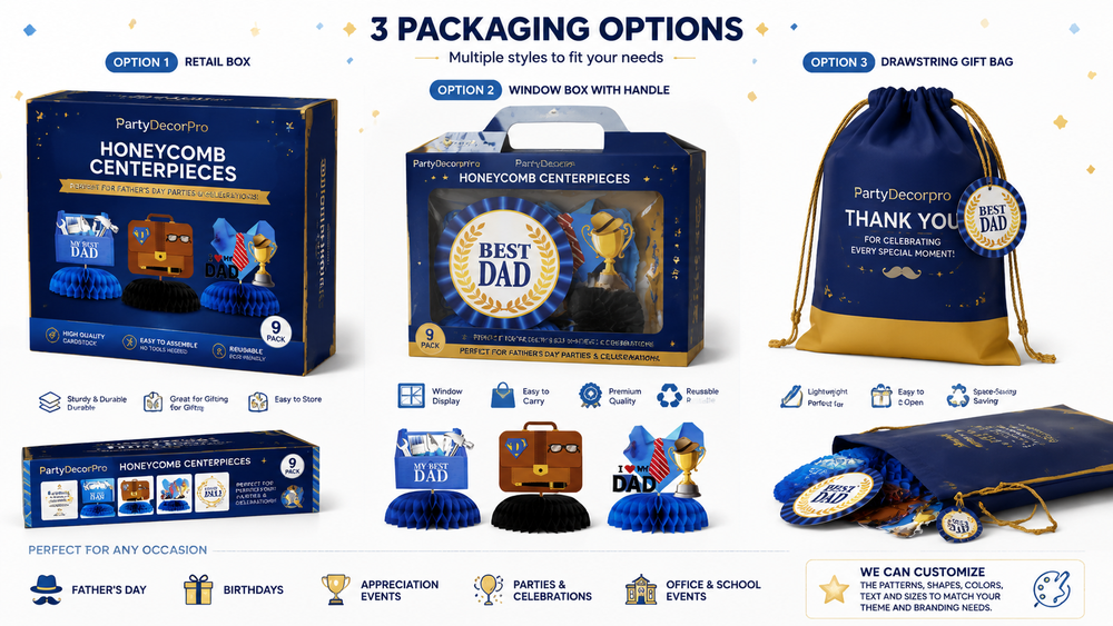 Diverse honeycomb paper centerpiece packaging options including retail box, window box, and drawstring gift bag.