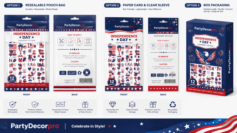 Independence Day temporary tattoo packaging options with red, white, and blue patriotic designs.