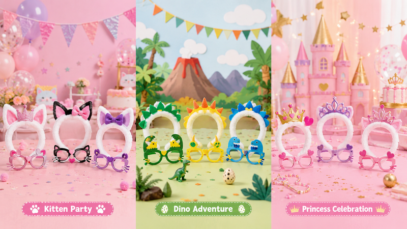 16:9 themed party showcase featuring plush bunny ear headbands and novelty glasses in Kitten Party, Dino Adventure and Princess Celebration styles with immersive festive backgrounds