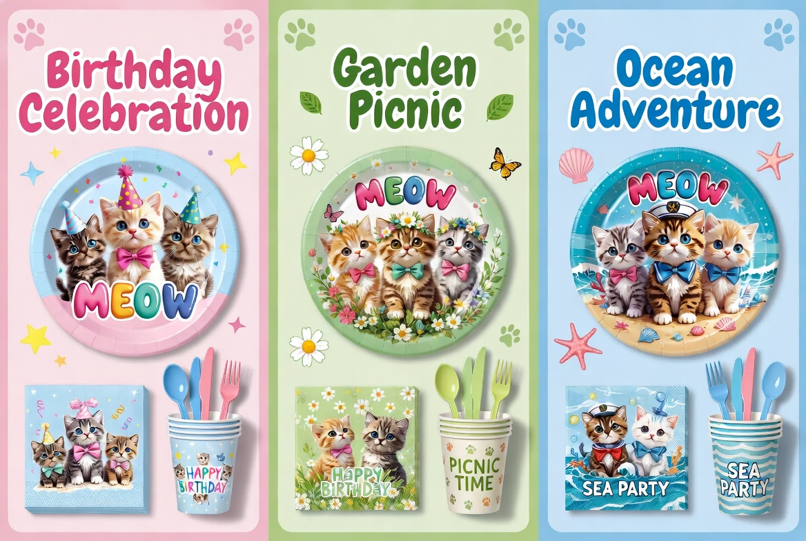 Adorable kitten-themed kids party tableware set in three themes - Birthday Celebration, Garden Picnic and Ocean Adventure with plates, napkins, cups and utensils