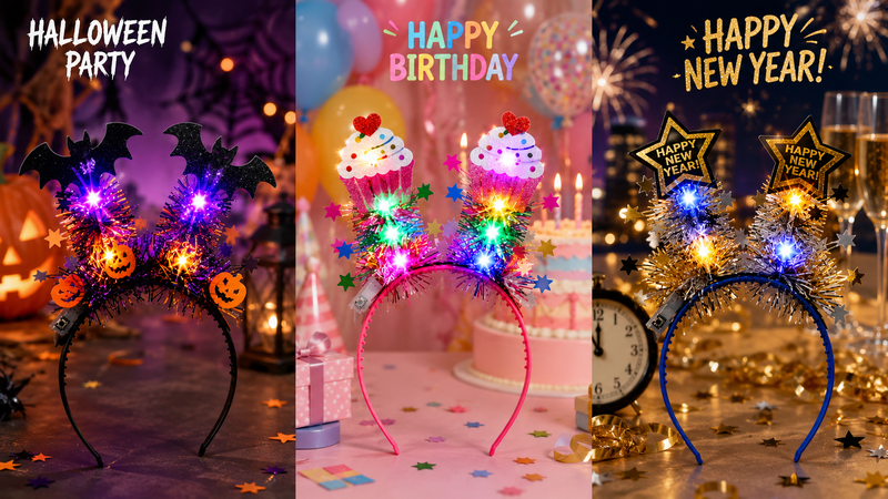 LED festive headband collection featuring Halloween, birthday, and New Year themed light-up designs with colorful flashing lights and immersive party backgrounds.