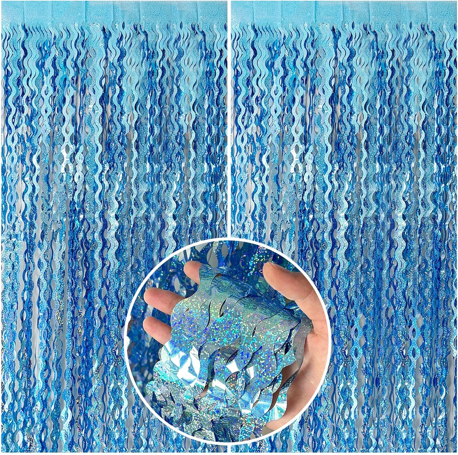 This is our stunning blue holographic fringe curtain. It's made from super sparkly iridescent glitter material cut into these beautiful wavy, leaf-like fringes that catch the light from every angle and create a magical shimmering effect. Perfect for parties, photo backdrops, mermaid themes, or any ocean-inspired event.