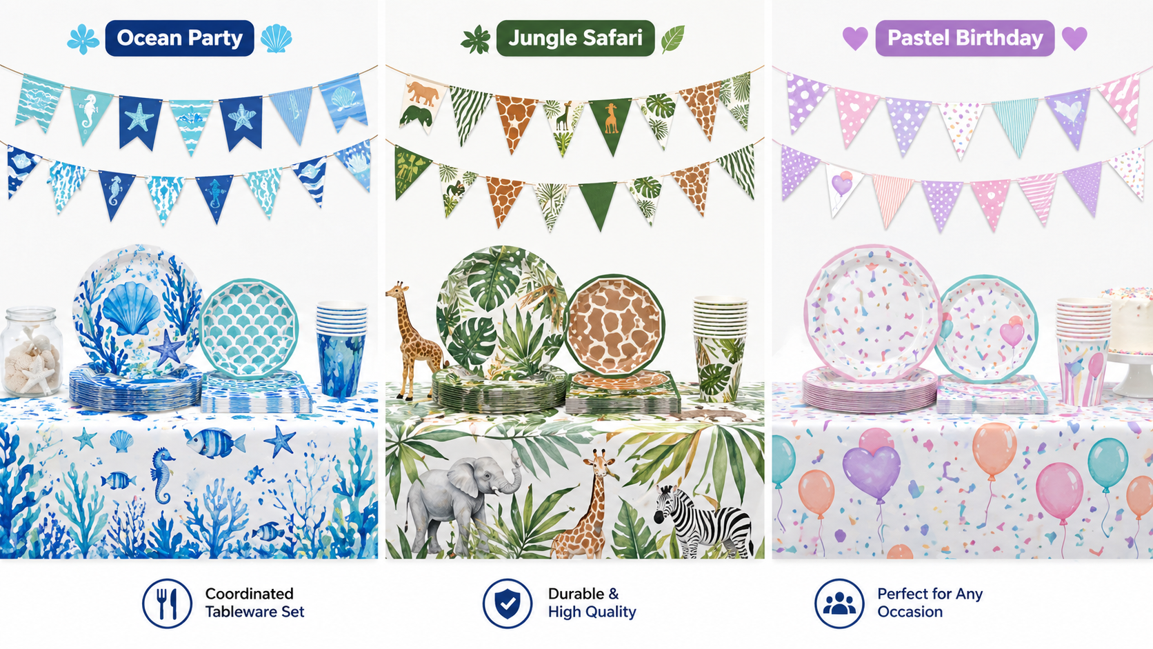 Multi-theme disposable party tableware set with banners plates cups and tablecovers in ocean jungle and pastel birthday styles for event decoration
