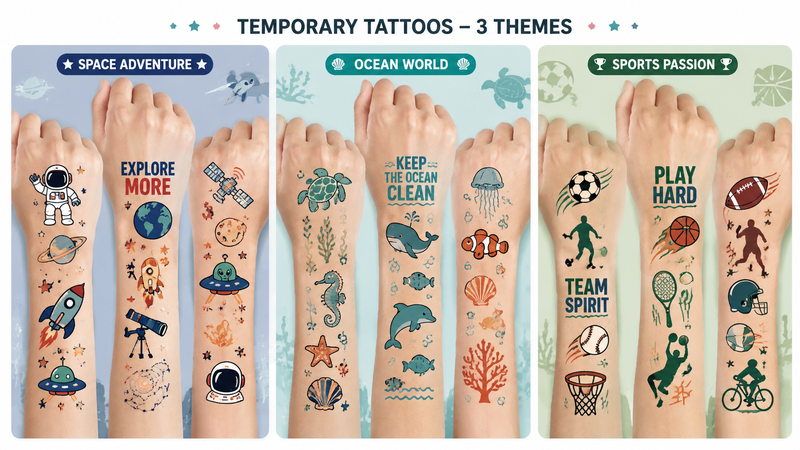 Three themed temporary tattoo designs on arms featuring space, ocean, and sports motifs, colorful and playful.