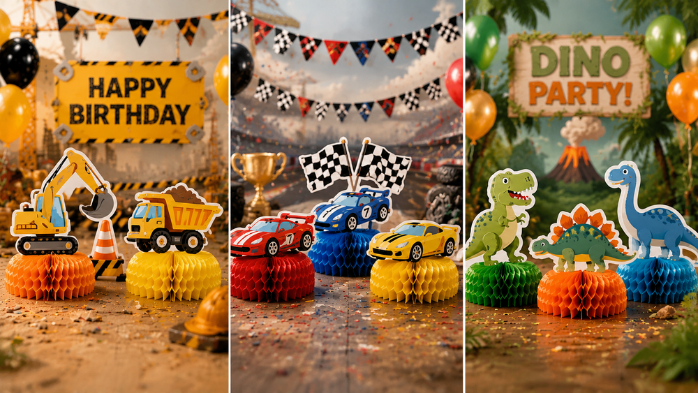 Bright, colorful honeycomb party centerpieces in excavator, race car, and dinosaur themes for festive event decoration.