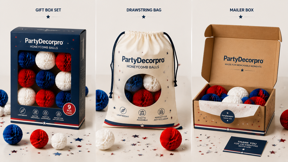 Red, white, and blue honeycomb paper balls displayed in three packaging options, ideal for party and event wholesale.