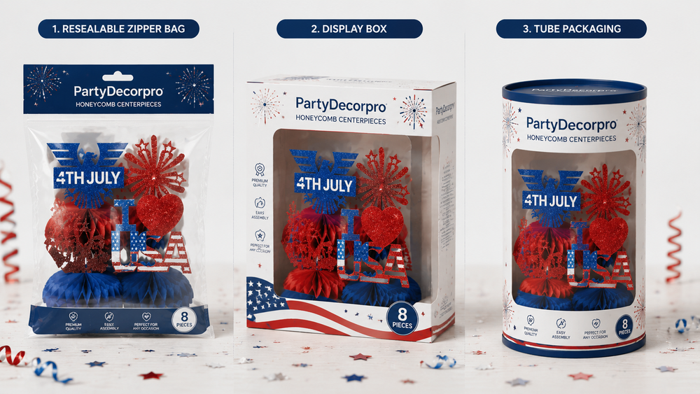 Patriotic honeycomb centerpiece sets in resealable bag, display box, and clear tube packaging for wholesale B2B use.