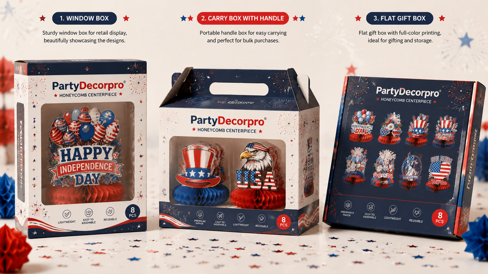 Patriotic honeycomb paper decorations in red and blue with multiple packaging options for wholesale and party display