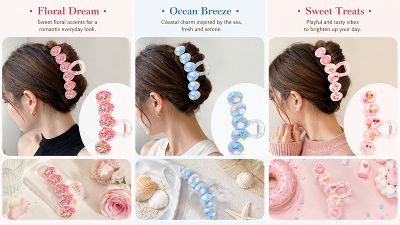 16:9 promotional collage featuring floral, ocean, and sweet-themed pastel hair claw clips with lifestyle styling and product close-up displays.
