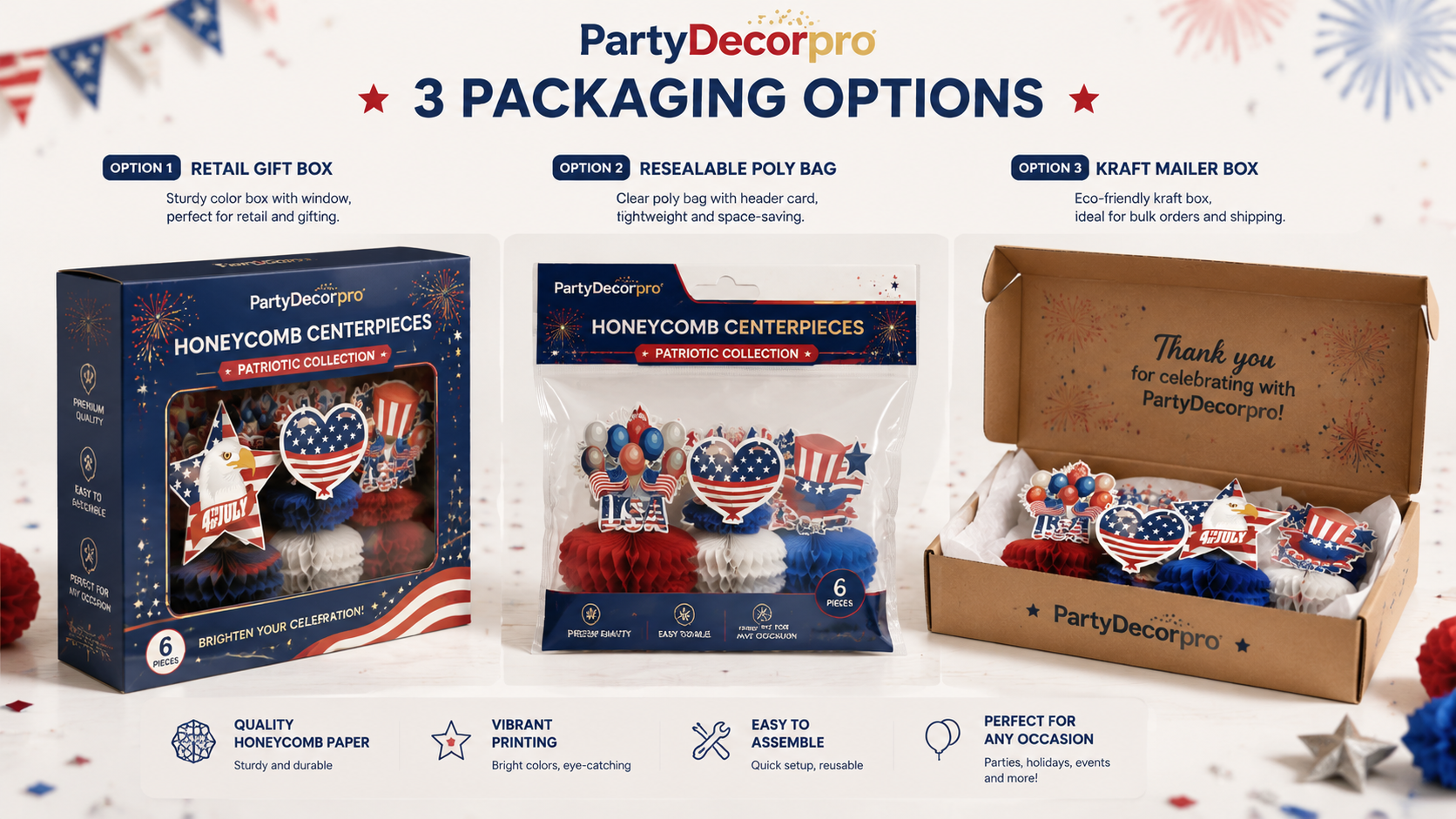 PartyDecorpro patriotic DIY honeycomb paper centerpieces with multiple packaging options for wholesale parties and events.