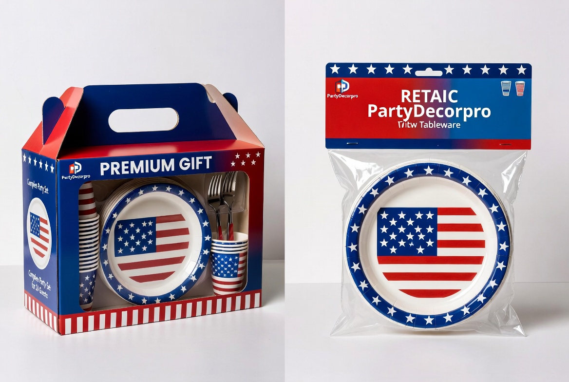 Two different packaging options for patriotic party tableware set - premium gift box and retail shrink wrap with header card