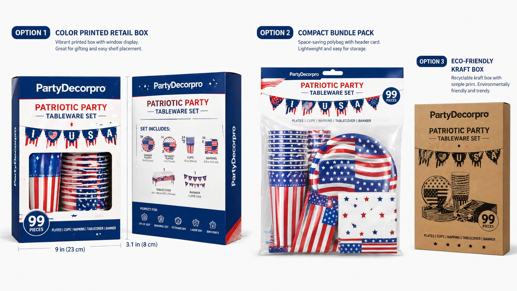 Patriotic party tableware set packaging options including retail box polybag bundle and eco kraft box for branded customization display