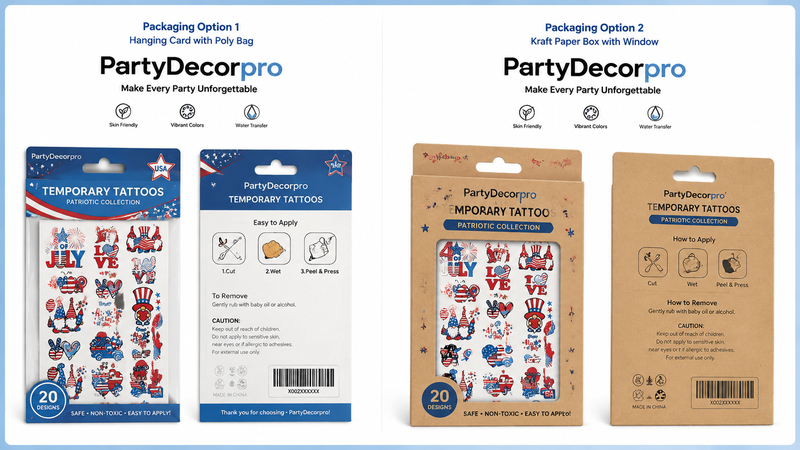 4th of July temporary tattoos packaging with two display styles, hanging card and kraft box, customizable and brand-focused.