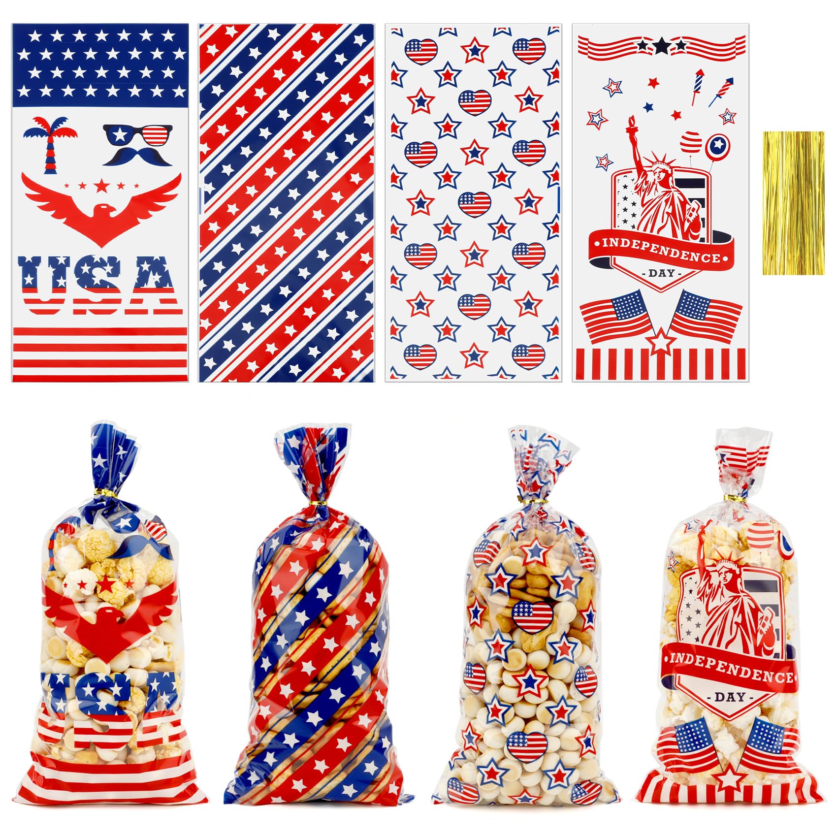 Wholesale Treat Bags - Patriotic 4th of July Cellophane Party Favor Bags with Ties