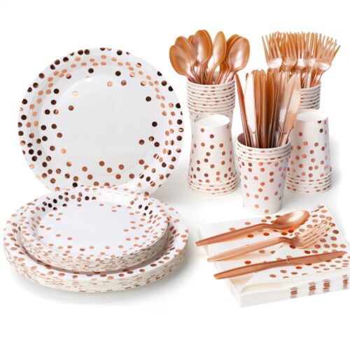 This is our stylish dessert paper plates with rose gold polka dots. These smaller plates are great for cake, appetizers, or snacks. They share the same gorgeous metallic dot pattern as the rest of the set. We can customize these designs in different colors, patterns, or sizes according to your needs.
