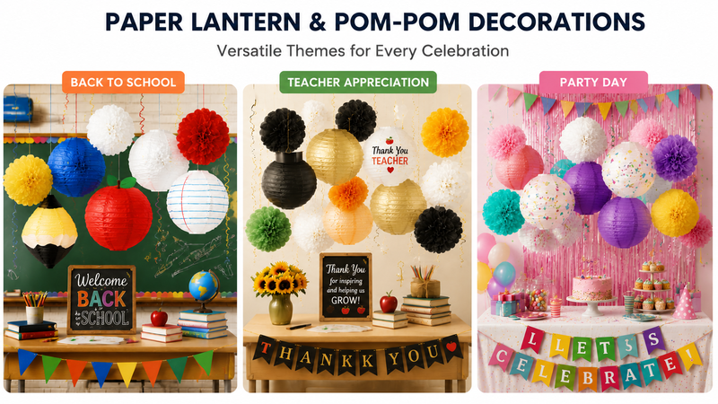 Teacher's Day and Party themed paper lantern decorations with colorful, foldable designs for wholesale and event use.