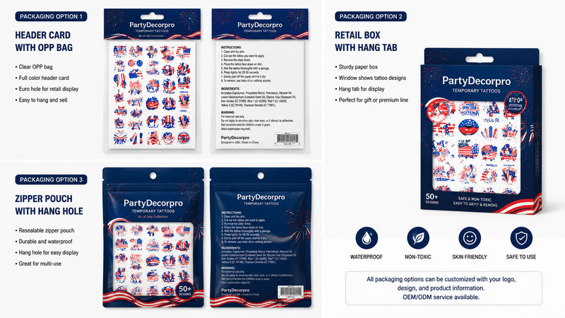 Temporary tattoo packaging options showcasing clear display, vibrant designs, and customizable branding for retail.