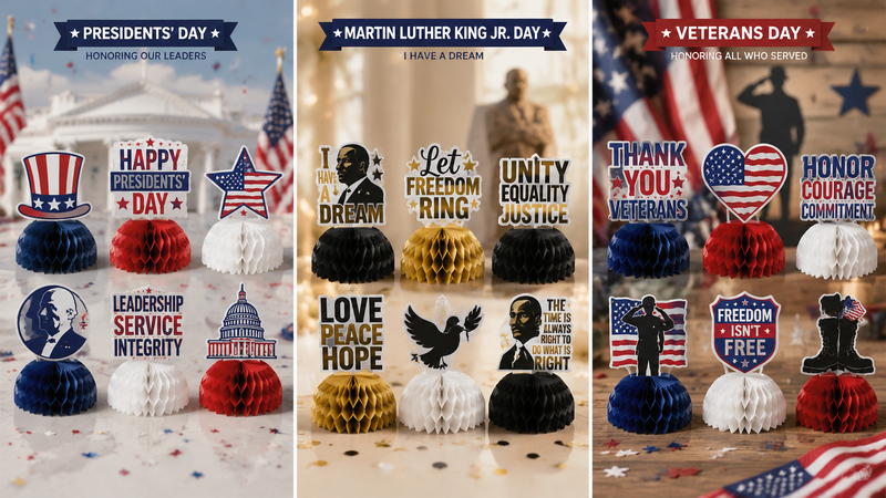 Holiday decoration set with themed elements for Presidents' Day, Martin Luther King Jr. Day, and Veterans Day, featuring banners, paper fans, and hanging ornaments.