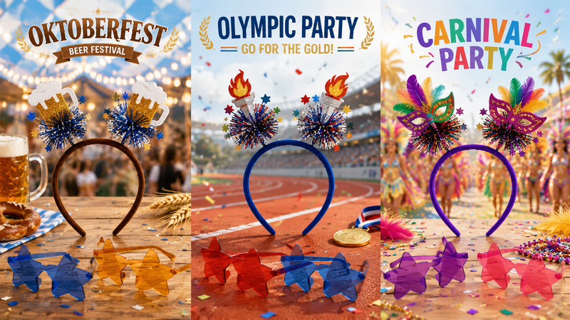 16:9 themed party accessory showcase featuring Oktoberfest beer mug headbands, sports-inspired celebration headbands, carnival mask headbands, and matching star-shaped novelty glasses with festive background scenes