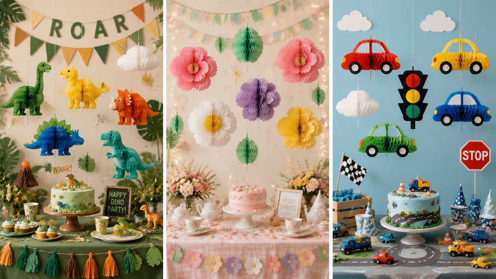 Colorful triptych party setup featuring mini dinosaur, floral, and car-themed honeycomb paper decorations with cakes and festive table settings.