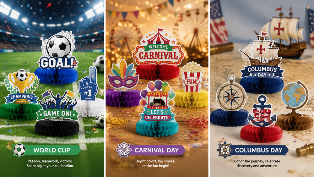 Themed honeycomb paper party centerpieces for World Cup, Carnival Day, and Columbus Day with festive backdrops and vibrant colors.