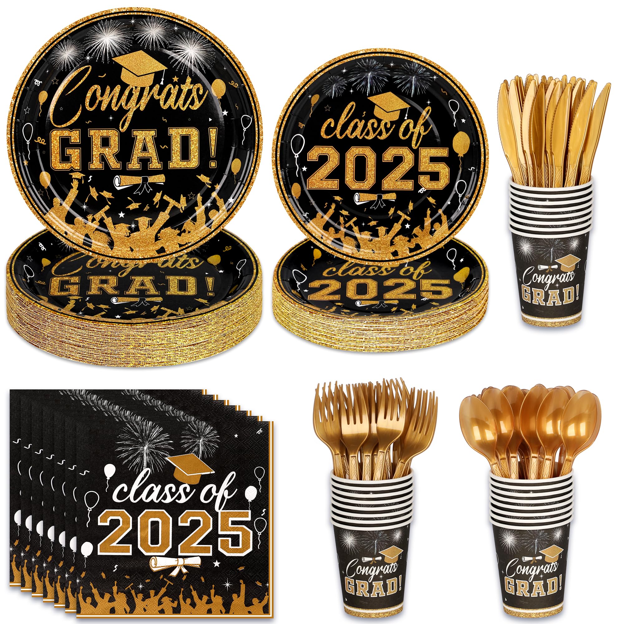 Graduation Party Supplies Tableware Set - Paper Plate Napkin Cup Knife Fork Spoon for Grad Party Decor Serves Guests