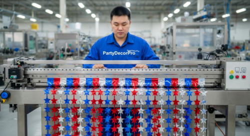 This is our precision slitting operation where our technician processes metallic coated film into consistent strips for red white and blue star curtain tinsel, ensuring uniformity and wholesale reliability across every batch.