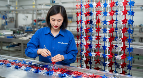 This is our accurate cutting process where metallic strips are precisely formed into uniform star shapes for hanging curtains, delivering consistency and quality control for dependable wholesale supply.