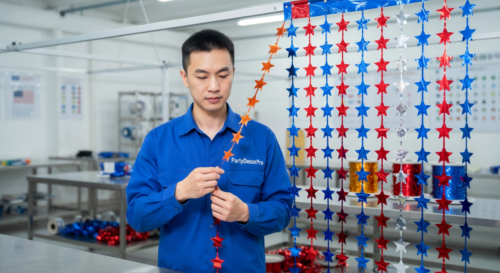 This is our meticulous assembly stage where cut star strands are joined into complete hanging panels for metallic curtain tinsel, guaranteeing structural precision and reliability for bulk orders.