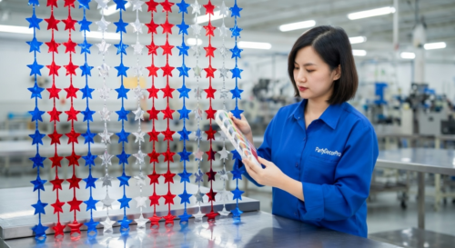 This is our rigorous quality inspection verifying alignment and attachment strength of star elements on finished curtain tinsel panels, upholding consistency and high standards for wholesale clients.

This is our rigorous quality inspection verifying alignment and attachment strength of star elements on finished curtain tinsel panels, upholding consistency and high standards for wholesale clients.